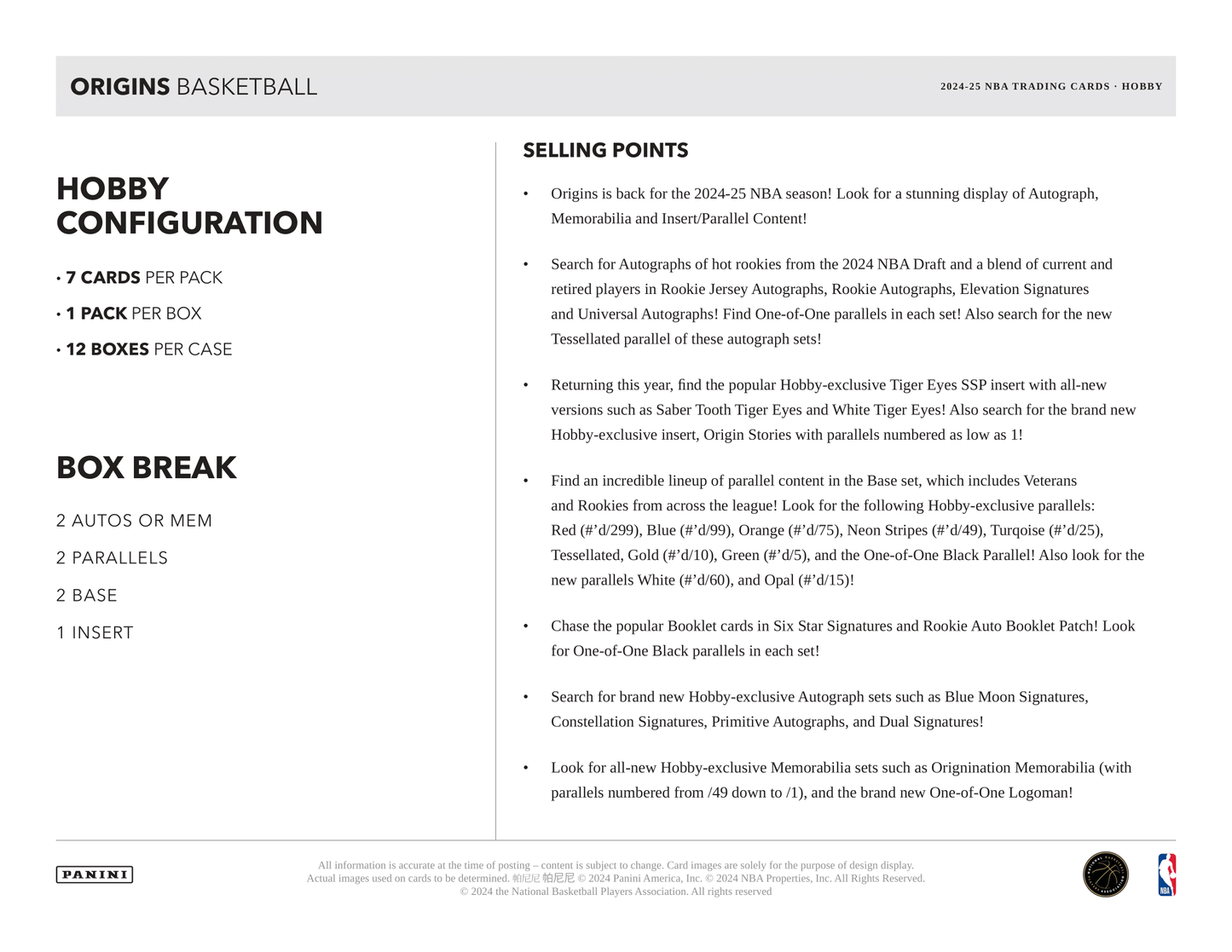 Panini - 2024/25 Origins Basketball (NBA) - Hobby Box