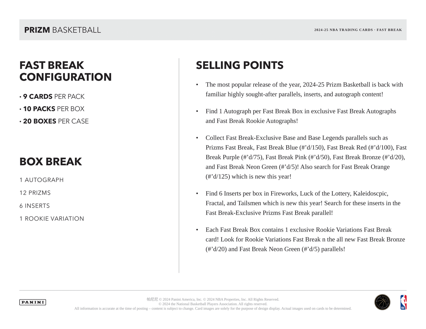 Panini - 2024/25 Prizm Fast Break Basketball (NBA) - Hobby Box
