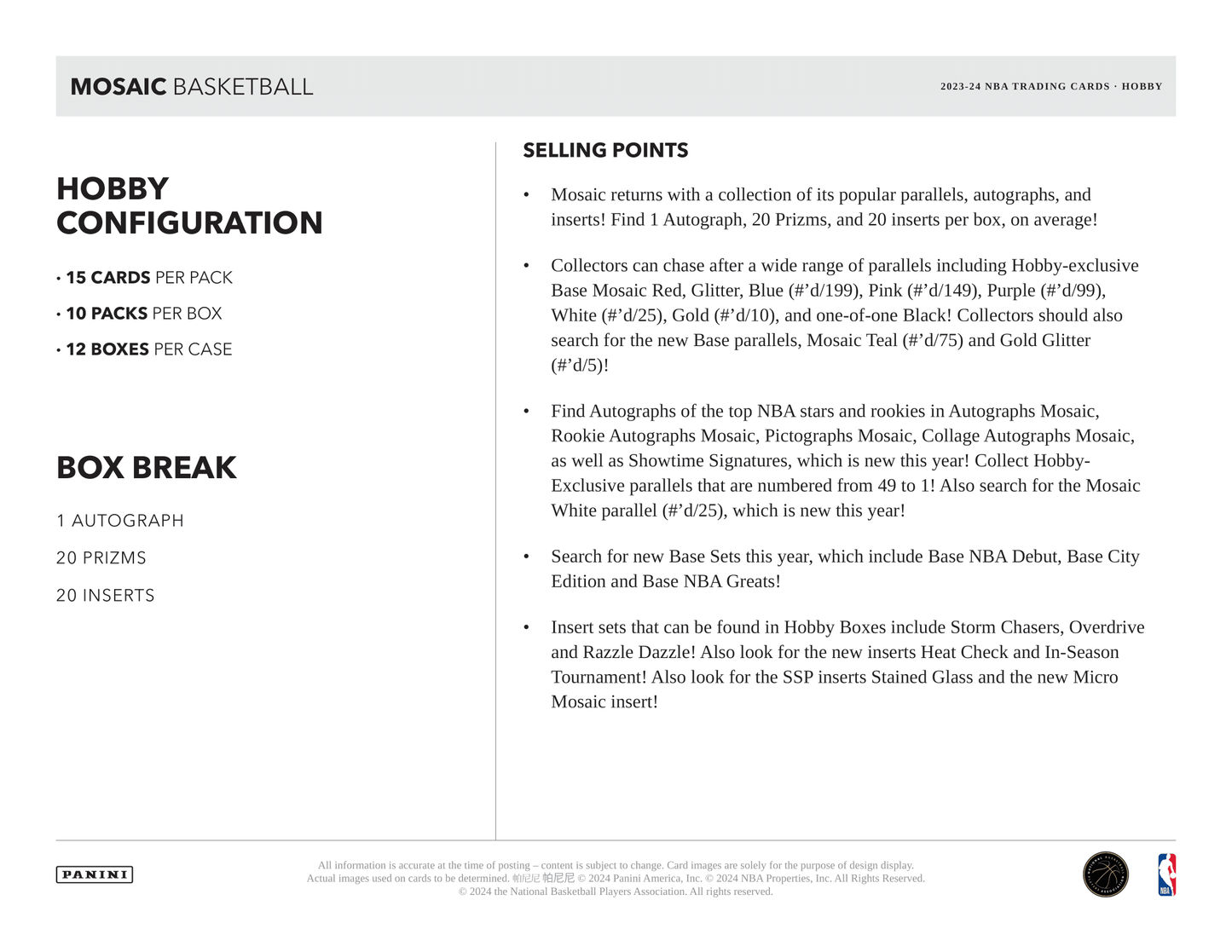 Panini - 2023/24 Mosaic Basketball (NBA) - Hobby Box